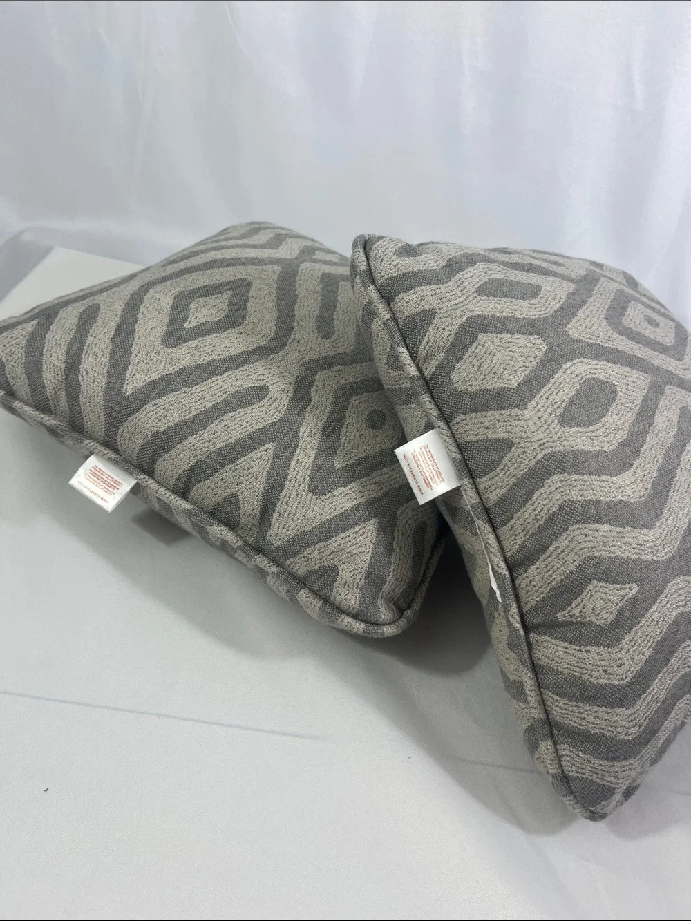 2 Sunbrella Textured Geometric Accent Pillows 16” Square Gray/Cream